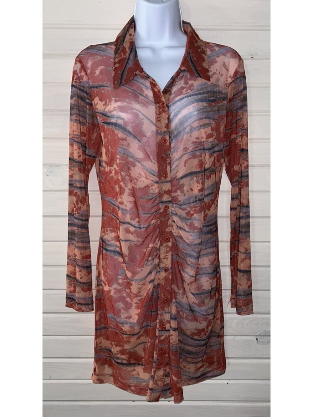 WILD FABLE Sz SMALL Button-Front Mesh Mini Dress Burnt Orange Tie-Dye Ruched EUC